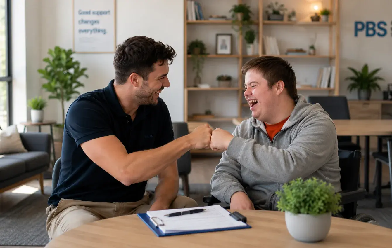 A participant and support practitioner sharing a fist bump