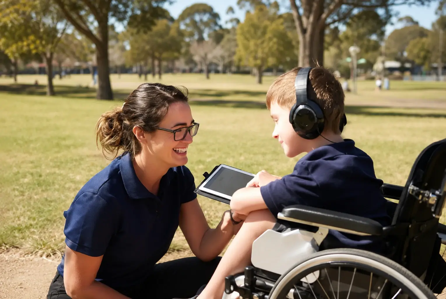A behaviour support practitioner working with a young participant outdoors